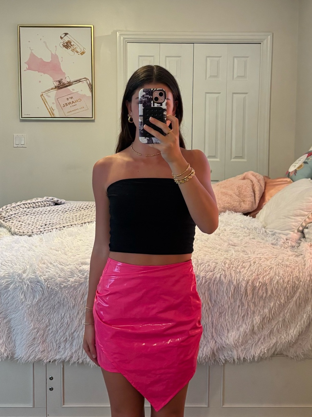 Hot Pink Glossy Asymmetric Mini Skirt
